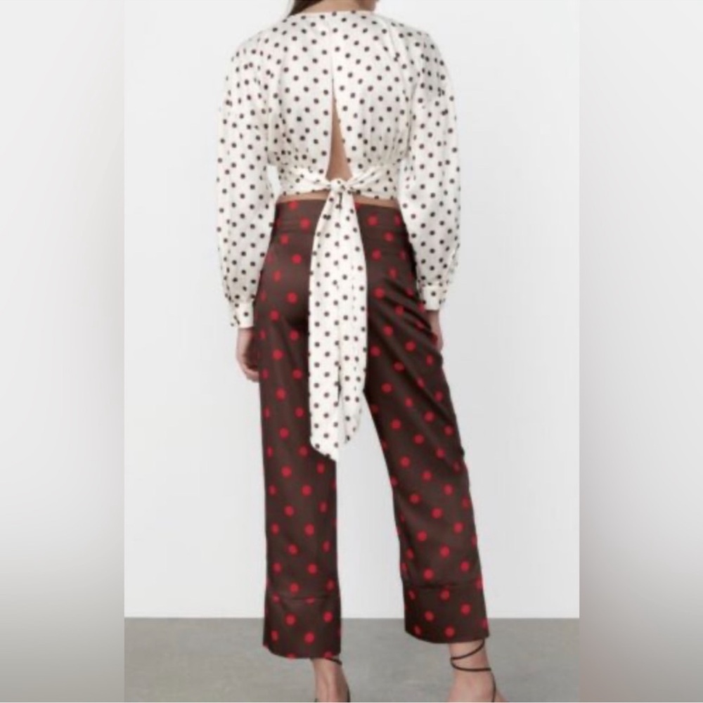 Zara Linen Blend White & Tan Polka Dot Crop Top with Tie in the Back - Picture 2 of 7